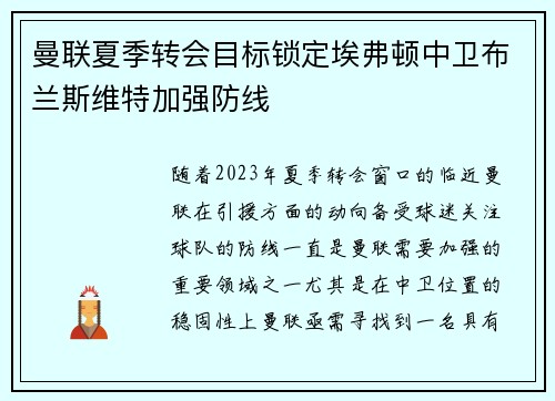 曼联夏季转会目标锁定埃弗顿中卫布兰斯维特加强防线