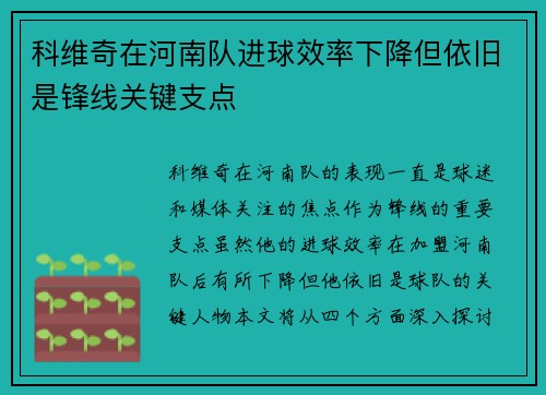 科维奇在河南队进球效率下降但依旧是锋线关键支点
